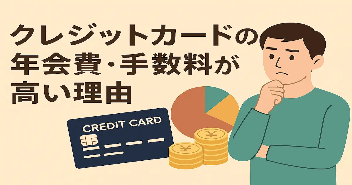クレジットカードの年会費・手数料が高い理由を解説する記事用アイキャッチ画像。男性がカードとコイン、円グラフを見て悩む様子を描いたイラスト。