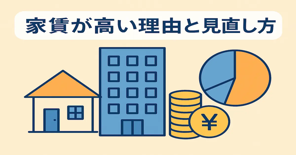 家賃が高い理由と見直し方法を解説する記事のアイキャッチ画像。家や建物、円グラフ、コインのイラストで家賃負担の大きさを表現している。